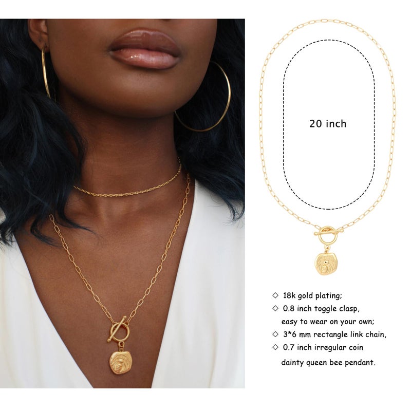 POTESSA 18k Gold Coin Pendant Bee Necklace for Women Toggle Paperclip Chain Necklace Fashion Jewelry Mother's Day Gifts for Her - Image 4